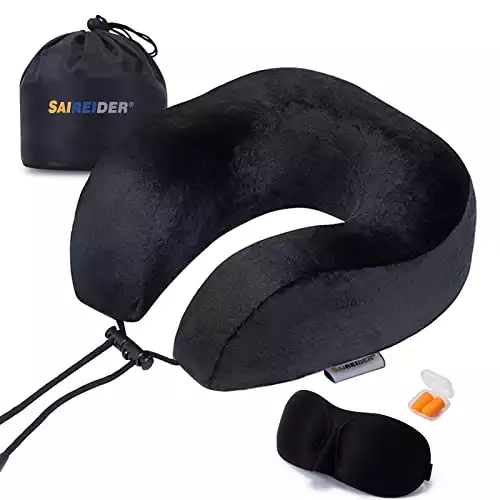 SAIREIDER Travel Neck Pillow for Airplane Sleeping 100% Memory Foam Adjustable Travel Pillows with Storage Bag, Sleep Mask and Earplugs-Prevent The Heads from Falling Forward (Black)